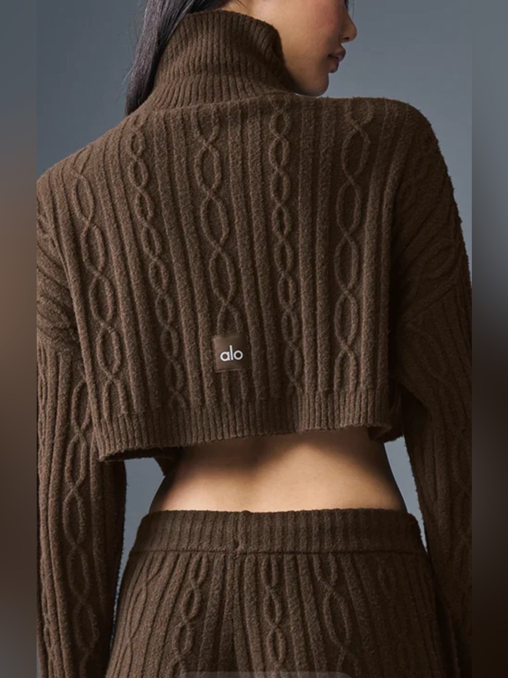 ALO Yoga Women's Chocolate Brown Cable Knit Cropped Turtleneck Sweater and Pants